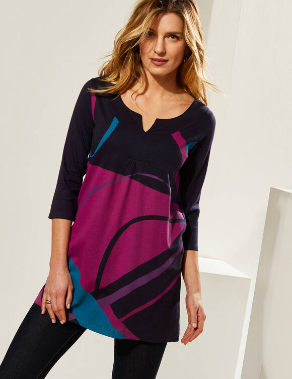 Tunique col V manches 3/4, imprimé graphique (marine / violine) Tunique col V manches 3/4, imprimé graphique (marine / violine)